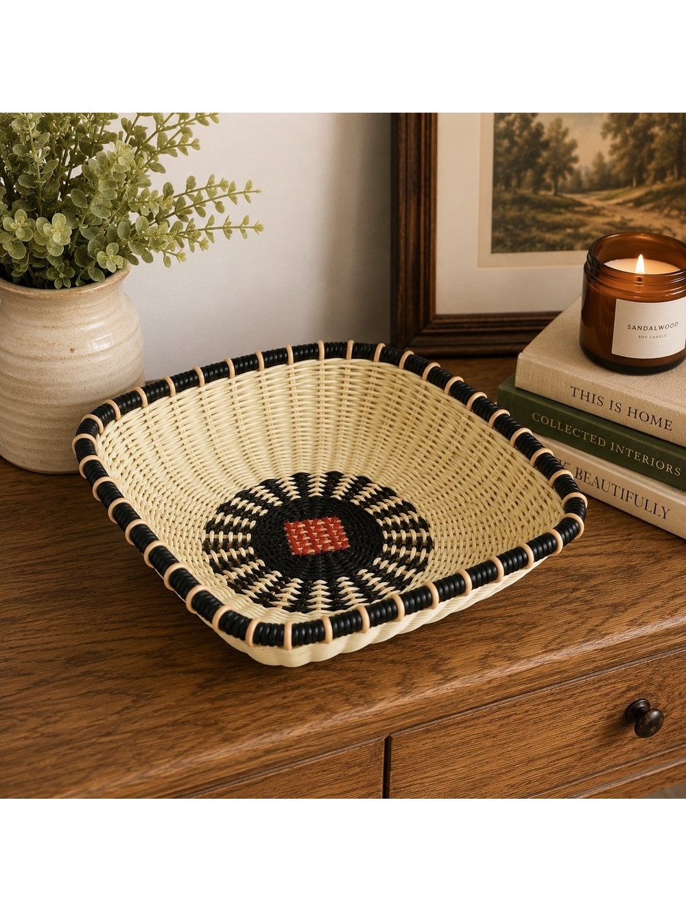 Vintage Woven Plastic Basket Bowl Black & Cream Decorative Fruit Basket